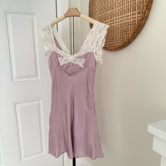 Free People Womens Lace Trim Slip Dress Lavender Mini Size 4 Boho Romantic - Picture 3 of 11